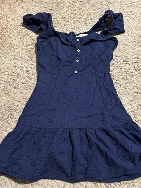 Girls Navy Eyelet Button-Front Ruffle Dress